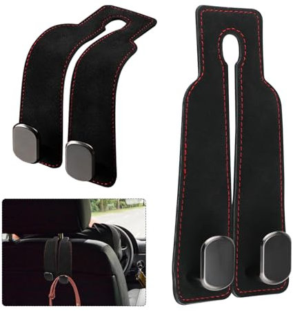 huahuo 2 Pcs Car Seat Hooks for Headrest, Car Seat Back Double Hook Leather Car Seat Hooks Multifunctional Hooks Car Inside Accessories for Bags Purses Handbags (Black)