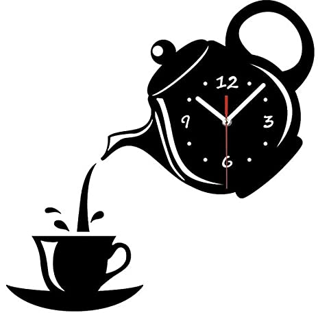 Diy Decorative Wall Clock Creative Teapot Kettle Wall Clock 3D Acrylic Coffee Tea Cup Wall Clocks For Office Home Kitchen Dining Living Room Decorations (Color : Black)