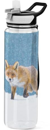 Mnsruu Transparente Sport-Wasserflasche mit Strohhalm, auslaufsichere Trinkflasche, Fuchs im Winter, Fahrradflaschen für Sport, Büro, Schule, BPA-freier Tritan-Kunststoff, 1 Liter