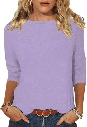 Minetom Tshirt Damen 3/4 Arm Shirt U-Boot Ausschnitt Leichte Pullover Tops Basic Oberteil Sommer Herbst A Violett M