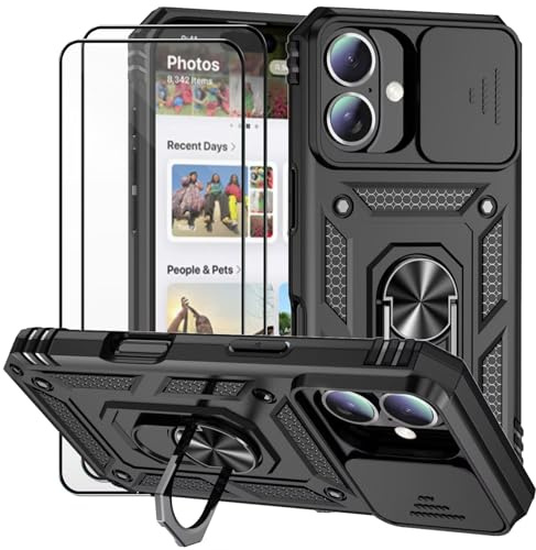 Dechyi Cover per Iphone 16 Plus 6.7 Pollici con Vetro Temperato Custodia con Scorrevole Protezione Fotocamera Custodia Rotante Anello Supporto Antiurto TPU Bumper Custodie-Nero