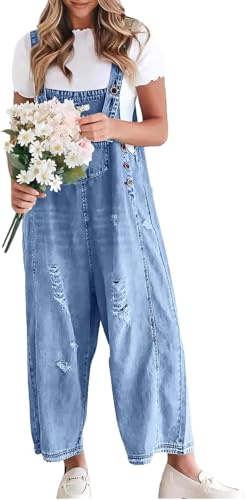 yoeasy Salopette da donna in denim a gamba larga larga jeans con cinturino regolabile invecchiato casual salopette tuta
