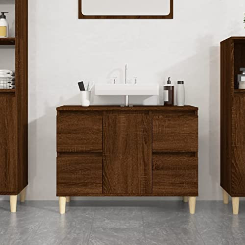 Gecheer Mobile Lavabo Autoportante in Legno Multistrato Rovere Marrone 80x33x60 cm - Mobiletto Bagno Salvaspazio con Armadietto Sottolavabo P821275