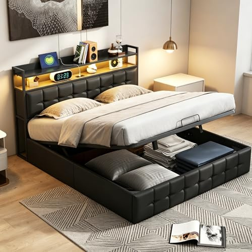 PerGar Bett 140x200 mit LED und USB, Polsterbett mit Hydraulisch stauraum, Kopfteil mit Stauraum, Doppelbett, Stauraumbett, Bettgestell, Lattenrost, schwarz, PU-Leder, Ohne Matratze