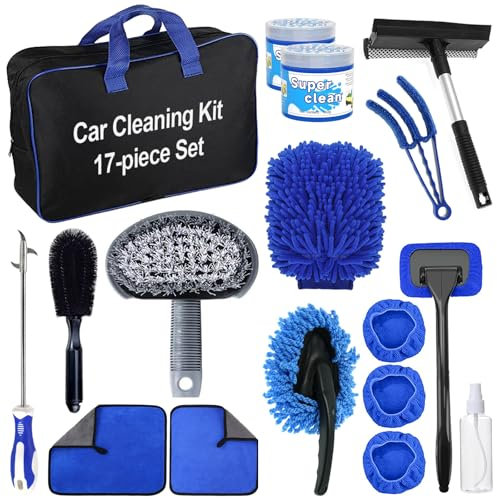 JNBGTU Pro Car Cleaning & Detailing Kit - 17Pcs Interior & Exterior Car Valeting Tools with Wash Mitt, Cleaning Gel, Wheel Brush, Stone Hook, Squeegee, Microfiber Cloth, Stone Hook