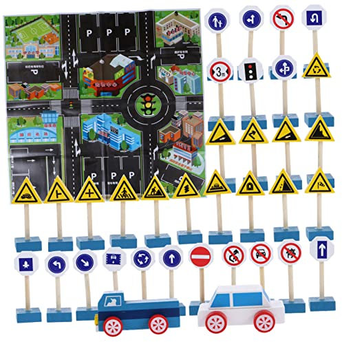 UPKOCH 33-piece Traffic Signs Playset for Boys and Girls Educational Simulation Road Sign Toys 2 Cars 1 Map Safe Learning Game for Boys and Girls