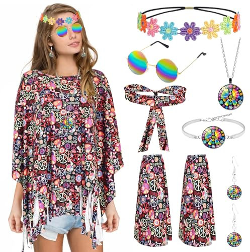 Saier tbo 8 Stück Hippie Kostüm Damen Set, 70er Jahre Flower Power Kleidung mit Poncho Stirnband Beinstulpen Halskette Brille Haarband Ohrringe Armband für Karneval Fasching Cosplay Retro-Mottoparty
