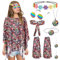 8 Stück Hippie Kostüm Damen Set, 70er Jahre Flower Power Kleidung mit Poncho Stirnband Beinstulpen Halskette Brille Haarband Ohrringe Armband für Karneval Fasching Cosplay Retro-Mottoparty
