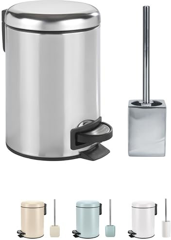KW Bathroom Pedal Bin and Ceramic Toilet Brush Set (Silver)