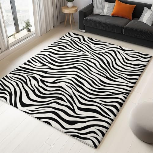 Schwarz Teppich Kurzer Flor Maschinen Waschbar Läufer, Indoor Rutschfester Tier Zebra Geometrische Streifen Teppich, Langlebig Und Pflegeleicht Für Schlafzimmer Wohnzimmer Eingang 60 X 90 cm