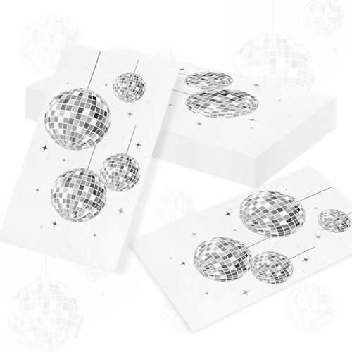 LaVenty Disco Party Cocktail Napkins with Silver Foil Guest Towel Paper | Disposable Retro Party Supplies Cocktail Napkins for Wedding Birthday Graduation