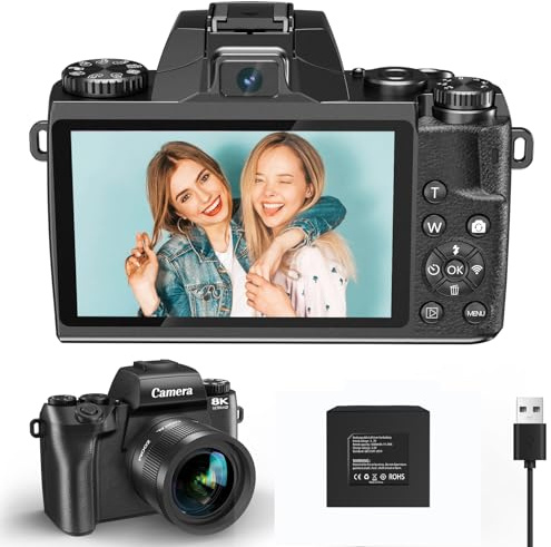 8K Digital Camera for Photography, WiFi & 4 Touch Screen Vlogging Camera for YouTube with Dual-Lens, 64MP Vlog Cameras 16X Digital Zoom with 32GB TF Card, 3000mAh Battery, Lens Hood, Black