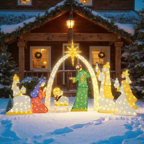 COSTWAY 7 teilige Krippe Weihnachten beleuchtet, 180 cm große Weihnachtskrippe mit 3 Weisen & 310 warmweißen LED-Lichtern, Weihnachtsdeko Krippenszene Outdoor, Weihnachtsdekoration für Außen, Innen