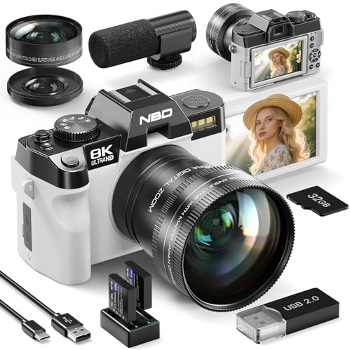 NBD 8K 64MP Cámara de fotos digital con enfoque automático, zoom digital 16x, pantalla IPS de 3 180°, WiFi + lente gran angular, Macro + micro externo + tarjeta de 64 GB + 2 baterías(blanco)