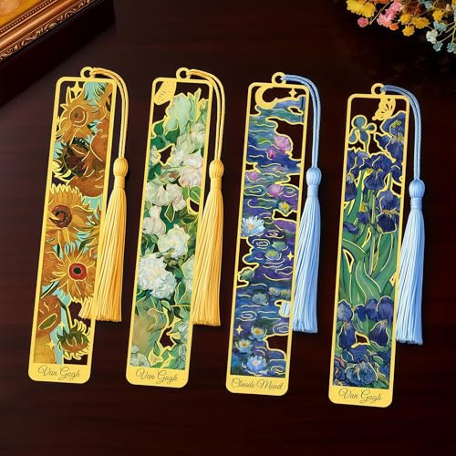 Vesavifaka Lot de 4 marque-pages en métal avec pompon, motifs de Van Gogh et Monet, marque-pages personnalisés mignons pour femmes, accessoire de lecture, cadeau pour les amoureux des livres
