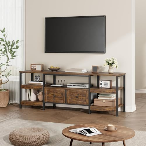 Thaookte TV-Schrank Lowboard Für Fernseher Bis Zu 71 Zoll TV-Ständer Fernsehtisch Mit 2 Schubladen, 5 Offenen Fächern Wohnzimmer Fernsehschrank TV Board, Metallgestell