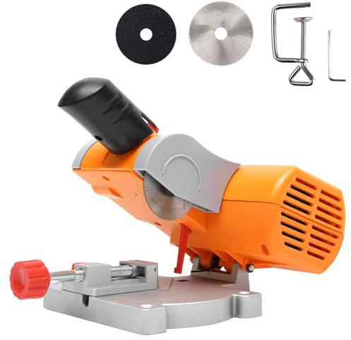 Mini Benchtop Miter Saw, Portable Cut Off Machine with Steel and Resin Blades, Electric Metal Table Saw Chop, Max 45° Adjustable Angle, for Cutting Wood, Plastic, Stone, and Metals