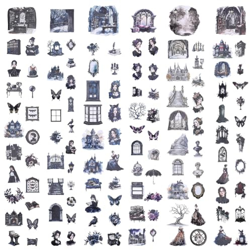 WADORN 120 Stück Vintage Gothic Stil Aufkleber 6 Stile Dunkle Ästhetik Scrapbooking Aufkleber Packs Gothic Manor Dekoratives Papier Verzierungen für Scrapbooking Karte Album Junk Journals Planner