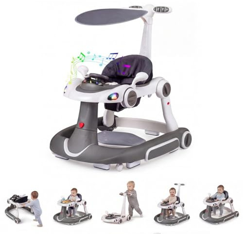 LIFEZEAL Lauflernwagen mit Sonnenschirm, 6-in-1 Lauflernhilfe Gehhilfe Baby mit Licht, Musik, Spielecenter & Tablett, Baby Walker mit einstellbarer Höhe & Geschwindigkeit, ab 7-18 Monate (Grau)