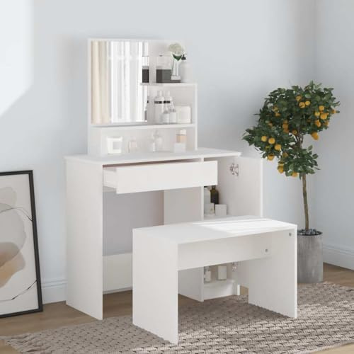 UERNGFTKM Schminktisch-Set mit Hocker, Weißer Schminktisch 86,5x35x136 cm mit Spiegel, Make-up-Tisch aus Holzwerkstoff mit viel Stauraum für Kosmetik und Schmuck, modernes Design