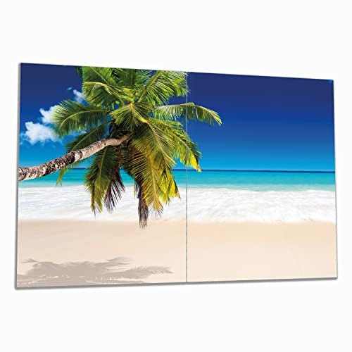 Wallario Herdabdeckplatte/Spritzschutz aus Glas, 2-teilig, 80x52cm, für Ceran- und Induktionsherde, Südseestrand in der Karibik mit Palme