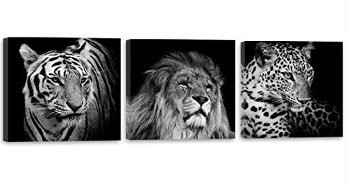 Feeby Bilder 3 Teile Löwe Tiger Elefant 90x30 cm Wohnzimmer Schlafzimmer Büro Flur Küche Wandbilder Modern Bild auf Leinwand Wanddekoration Kunstdruck Design Tiere Afrika Safari Schwarz-Weiß