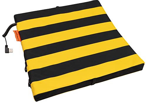 Bumfire Stadion Sitzkissen Beheizbar & Faltbar - Akku Heizkissen Kabellos mit USB Anschluss - Elektrisch Beheizbare Sitzauflage, Wärmekissen, Fussballkissen, Outdoor Kissen - Schwarz/Gelb - 35x35cm