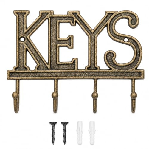 Comfify Key Holder for Wall “Keys Decorative Farmhouse Rustic Wall Mounted Key Holder - 4 Key Hooks - Home Vintage Key Rack for Entryway with Screws and Anchors – 6x8”- (Rustic Gold)