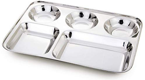 Stainless Steel Rectangular Thali Plate, 5 in1 Five Compartment Divided Plate / Thali / Bhojan Thali / Mess Tray / Dinner Plate, Silver Colour Size 33cm X 33cm