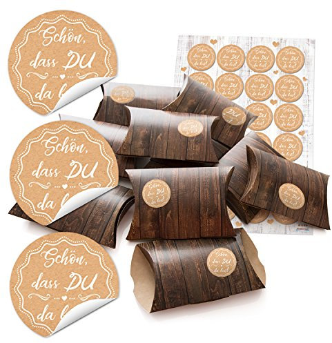 Logbuch-Verlag 24 kleine braune Geschenkschachteln + 24 Sticker Schön dass du da bist Verpackung Gastgeschenke Hochzeit Feste Geburtstag beige weiß