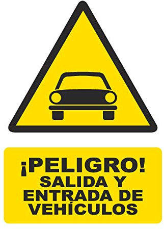 Seribas Señal Peligro Salida y Entrada de Vehiculos, Cartel de PVC 0,7 mm A4 21 x 30 cm Tinta y Material Resistente Interiores y Exteriores