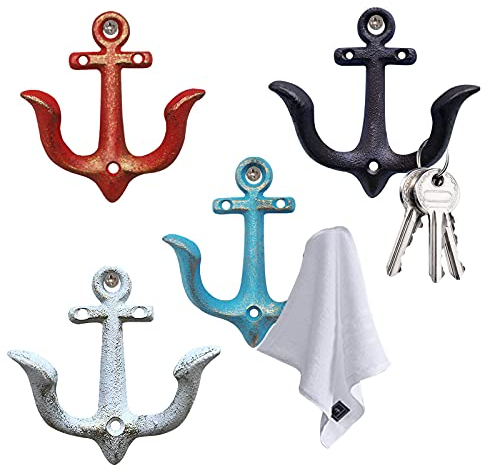 Notakia Lot de 4 crochets muraux en fonte vintage rustique avec motif ancre nautique, porte-manteau, crochets décoratifs muraux en métal antique, style shabby chic, crochets porte-serviettes