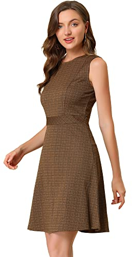 Allegra K Damen Plaid Tweed Kleid Ärmellos Fit und Flare Hahnentritt Arbeitskleider, braun, Mittel