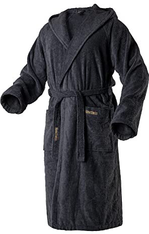 Mount Swiss Damen Herren Bademantel ONEX mit Kapuze I Morgenmantel flauschig I Nachtwäsche aus edler Baumwolle Farbe: anthrazit, Grösse: S