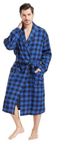 FashGudim Mens Dressing Gowns Lightweight Buffalo Plaid Cotton Robe Shawl Collar Summer Kimono Bathrobe (Black & Blue, S/M)