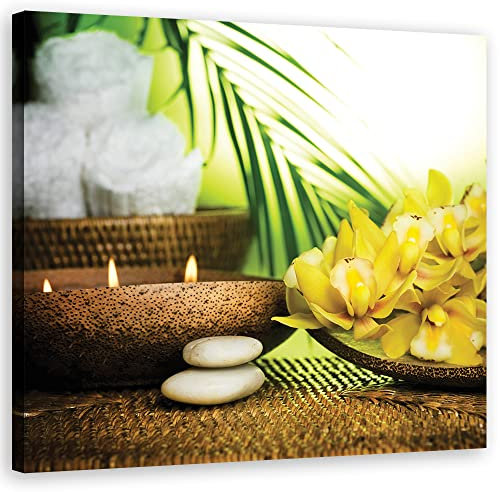 Feeby Tableau toile Bougies Spa Zen Bambou 30x30 cm Image Photo Orchidée Nature morte Bien-être Bol jaune