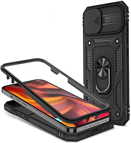 NALIA Military-Style Ringhülle kompatibel mit iPhone 13 Hülle, Extrem Schützend mit Display-Rahmen & Kamera-Abdeckung, 360° Ring für Standfunktion & KFZ-Halterung, Hardcase Stoßfest, Farbe:Schwarz
