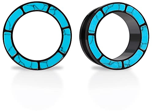 KOOBODY 1 paire de tunnels de chair d'oreille en acier inoxydable à bord bleu opale vissés sur le dos et adaptés aux jauges d'oreille en coquillage bleu turquoise 0g-1