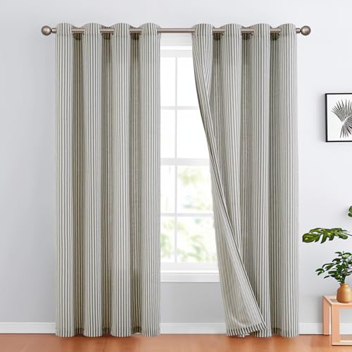 TOPICK Leinen Vorhänge Gestreifte Gardinen mit Ösen Modern Beige Leinenoptik Vorhang Wohnzimmer Privarsphäre Gardine Lichtfilterung Ösenschal mit Streifen Muster 2er Set 130x245 Schwarz auf Beige