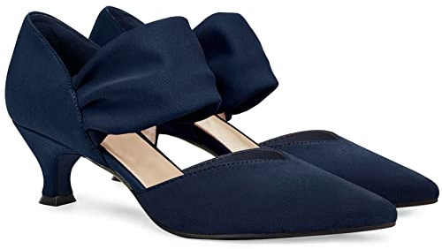 Coutgo Womens Low Kitten Heel Dress Shoes Pointed Toe Slip on Ankle Strap Cutout Elegant Party Wedding Pumps, Navy, 4.5 UK