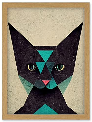 Doppelganger33 LTD Geometric Black Cat Teal Fun Quirky Artwork Framed Wall Art Print A4