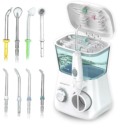 Aquapik® 100 professionelle Munddusche | Plaqueentferner + von Zahnärzten empfohlen | 8 Düsen, 10 Druckstufen und 600 ml Tank | Ideal für Implantate und Kieferorthopädie (Weiß)