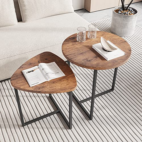 HOJINLINERO Round Coffee Table Set of 2,Small Coffee Living Room Tables,Round Side Table,Industrial End Table,Metal Frame with Wood Look Accent Furniture,Sofa Tea Cocktail Table for Living Room,Black