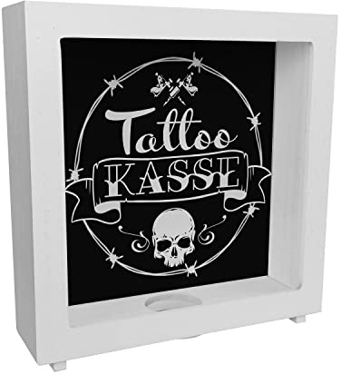 Rahmen Spardose aus Holz aus Keramik mit coolen Tattoo-Motiven in schwarz - Tattookasse als Geschenk für Punks und Verrückte Freunde die Sich gerne tätowieren Lassen Aber Nicht