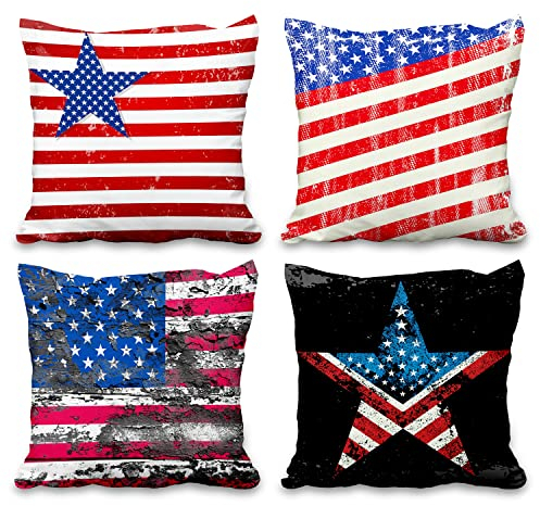 Aoihrraan 40x40cm 4er Set Dekorativ Retro Amerikanische Flagge Kissenbezug Vintage Usa Flagge Schwarz Weicher Kurzer Plüsch Quadratischer Kissenhüllewohnzimmer Sofa Draussen Garten Couch Geschenke