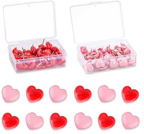 Pinnwandnadeln, 100 Stück Herz Muster Deko Reiszwecknadeln Niedlich Bild Pinnadeln mit Aufbewahrungsbox, Pinnwand Nadeln für Korkplatte Schwarzes Brett Karte Wand Kalender Foto Bürobedarf (Rot, Rosa)