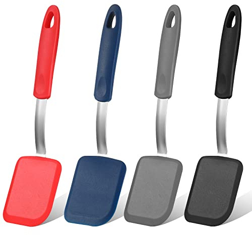 Gejoy 4 Pcs Silicone Turner Nonstick Flexible, Gray, Blue, Black, Red | Heat Resistant for Cookware, Mini Size for Eggs Pancakes Brownies, No Scratch Protects Pans, Hanging Hole Storage