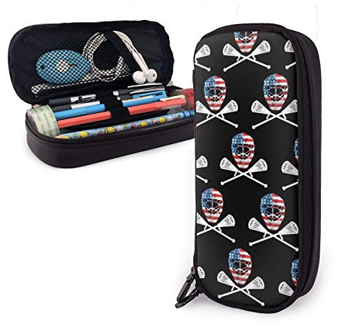 Pu Leder Federmäppchen Lustiger Lacrosse-Helm Mit Gekreuzten Stöcken Federtasche Multifunktions Mäppchen Langlebig Große Kapazität Federmäppchen Für Schul High School College