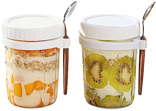Jogoico Overnight Oats Jars 2pcs Overnight Oats Containers with Lid & Spoon, 12 oz Large Capacity Airtight Jars with Measurement Mark, Glass Mason Jars for Oatmeal Cereal Milk Fruit - White
