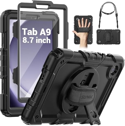 SEYMAC Case for Samsung Galaxy Tab A9 8.7 inch 2023, Shockproof Protective Galaxy A9 Tablet Case With Screen Protector/Hand Strap/Rotating Stand/Shoulder Strap, SM-X110/SM-X115/SM-X117 Case, Black